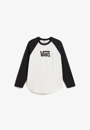 Camisa blanca de manga larga con mangas raglán negras. Presenta un gran logo negro de "VANS" en el frente. Material de algodón suave y dobladillo redondeado.