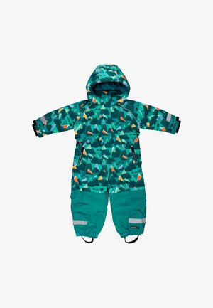 Turquoise kindersneeuwpak met berg- en berenpatronen, voorzien van een capuchon, ritsen, verstelbare manchetten en reflecterende accenten.