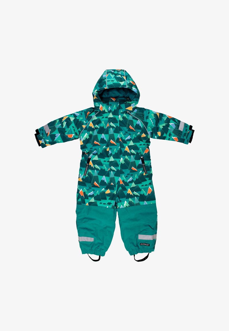 Türkisfarbener Kinder-Schneeanzug mit Bergen- und Bärenmustern, ausgestattet mit Kapuze, Reißverschlüssen, verstellbaren Bündchen und reflektierenden Akzenten.