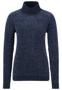Mørkeblå genser med høy hals i strukturett strikkemønster. Ribbet halslinning og mansjetter. Lange ermer med en tettsittende silhuett.