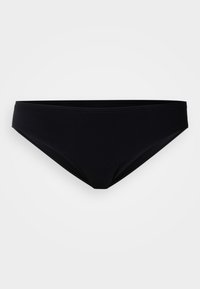 Czarny dół bikini o niskim kroju z subtelną zygzakowatą fakturą na tkaninie, na jasnym, neutralnym tle.