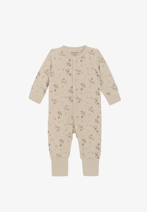 Babygrose beige avec des boutons-pression, manches longues, poignets, et un motif de lapin brun et de feuilles, taille 60 pour les bébés de 3 mois.