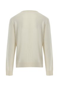 Strickpullover, cremefarben, Rundhalskragen, lange Ärmel, gerippter Saum und Bündchen, glatte Textur, minimalistisches Design.