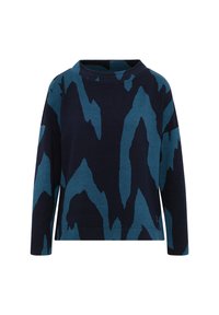 Pull marine bleu avec un grand motif abstrait turquoise, tissu texturé avec de fines rayures, dotée d'un décolleté bateau et de manches trois-quarts.