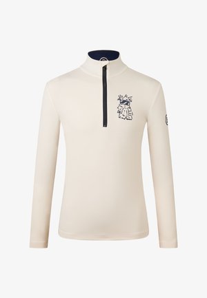 Cremfarbener Langarm-Zip-Up-Pullover mit hohem Kragen und marineblauen Akzenten, der einen grafischen Druck auf der Brust aufweist. Glattes, leichtes Material.