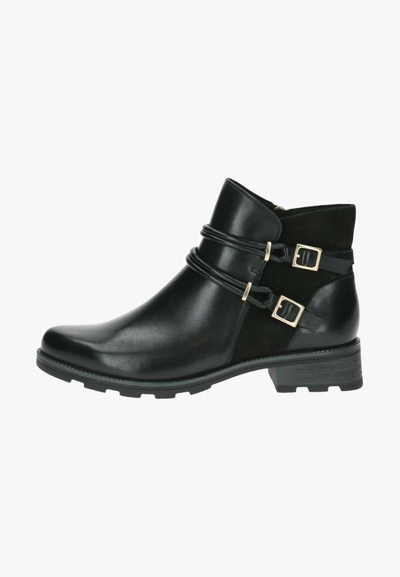 Stivali neri alla caviglia realizzati in pelle liscia e suede. Presentano due cinghie decorative con fibbie dorate e un tacco basso a blocco. Suola gommata.