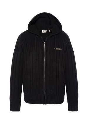 Sudadera con capucha negra de punto con textura acanalada, cremallera frontal y cordón. Cuenta con un parche con logo en el lado izquierdo del pecho. Forro interior suave.
