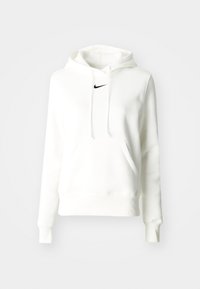Sudadera blanca con capucha, con bolsillo frontal y el logotipo de Nike en negro centrado debajo del escote, mostrada sobre un fondo blanco liso.