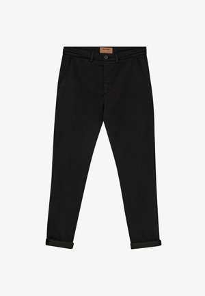 Black slim-fit pants with cuffed hems, front button and zip closure, belt loops, and side pockets, laid flat on a white background.