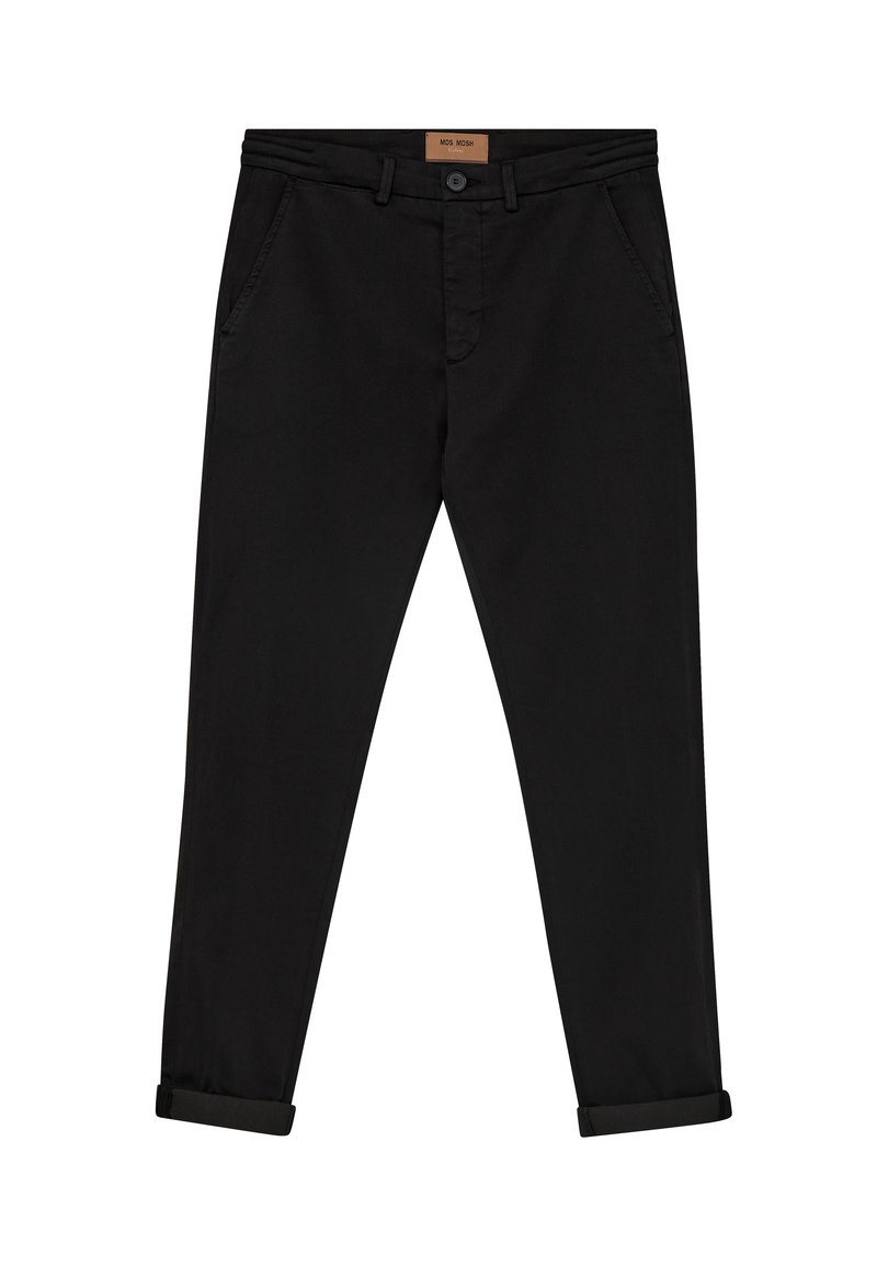Sorte slim-fit bukser med opsmøg ved kanten, frontknap- og lynlåslukning, bæltestropper og sidelommer, liggende fladt på en hvid baggrund.