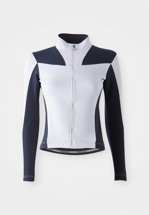 Langarm-Radsporttrikot mit halbem Reißverschluss, in den Farben Weiß und Marineblau, mit strukturiertem Stoff und Kontrastnähten am Saum.