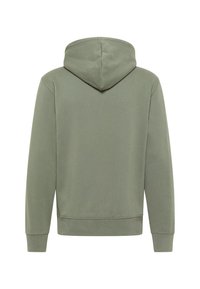 Gładka, jasnozielona bluza z kapturem widoczna z tyłu, z długimi rękawami oraz ściągaczami przy mankietach i u dołu, na białym tle.