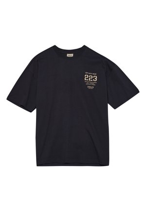 Navy blue cotton t-shirt with short sleeves, round neckline, and a printed design including numbers and text on the left chest area.