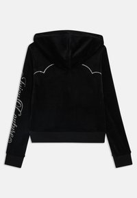 Black velvet cropped hoodie with a hood, ribbed cuffs, and waistband. Features rhinestone accents along the shoulders and sleeve.