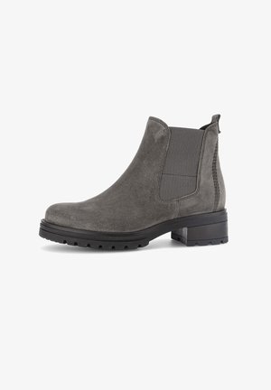 Gray suede Chelsea boot with elastic side panels and a textured back seam, featuring a chunky black rubber sole and a slight heel.