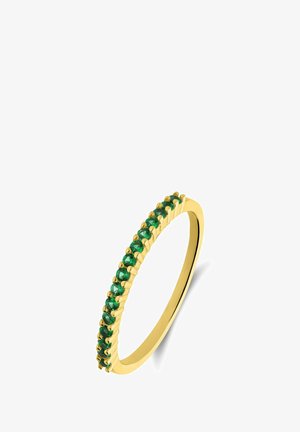 Gold ring featuring a narrow band adorned with a row of green gemstones, showcasing a smooth finish and prong-set stones.