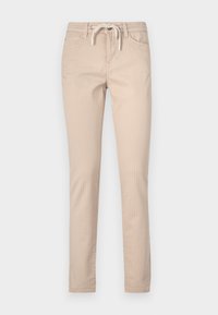 Beige stripete bomullsbukser med snøring i midjen, avsmalnende ben og to frontlommer. Glatt tekstur, uformell design.
