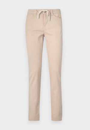Pantaloni in cotone a righe beige con vita regolabile, gamba affusolata e due tasche frontali. Texture liscia, design casual.