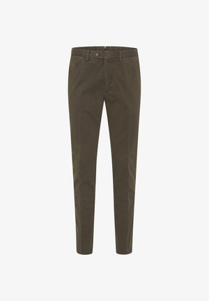 Chino in verde oliva, slim-fit, realizzati in cotone. Presentano una chiusura con zip, bottone e tasche anteriori, con una texture liscia e senza fantasie.