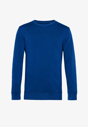 Modrá mikina s dlouhým rukávem vyrobená z měkké bavlny. Má kulatý výstřih, ribbed manžety a lem. Hladká textura bez viditelných vzorů.