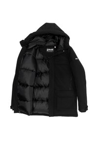 Chaqueta acolchada negra con capucha, interior acolchado y múltiples bolsillos. Hecha de material resistente al agua. Incluye cierre de cremallera y broches a presión.