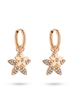 Rose gold hoop earrings with dangling five-petal flowers, each petal adorned with small clear crystals and a larger crystal center.