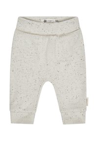 Hellegraue Babypants aus weichem Stoff, mit schwarzen Sprenkeln, elastischem Bund und Bündchen an den Knöcheln. Größenschild sichtbar.