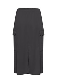Grijze kniehoge rok van gladde stof, met zijzakken en een licht uitlopende snit. Elastische tailleband voor comfort.