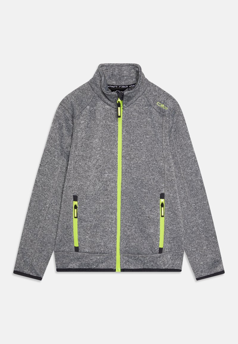 Giacca in felpa grigia con colletto alto, zip frontale completa e dettagli in neon verde contrastante sulla zip e sulle tasche laterali.