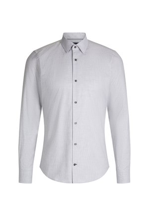 Hellegraues, langärmliges Hemd mit dezentem Karomuster, spitzem Kragen, Knopfleiste auf der Vorderseite und abgerundetem Saum. Glattes, leichtes Material.