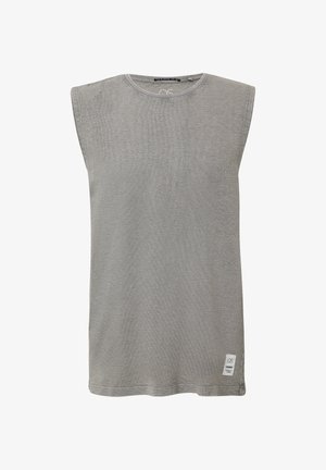 Hallide ilma varrukatop, millel on tekstuuriga kangas, ümar kaelus ja külgõmblused. Alumisel vasakul nurgas on väike brändi silt.