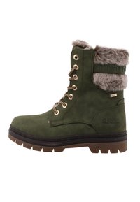 Green suede ankle boot with faux fur collar, gold-tone hardware, and lace-up design. Textured rubber sole for grip and durability.