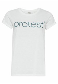 Witte katoenen t-shirt met korte mouwen, voorzien van een ronde halslijn en teal tekst met de woorden "protest" over de voorkant.