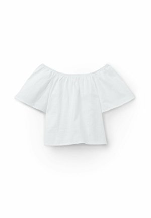 Blouse blanche épaules dénudées avec manches courtes larges et encolure élastique, en tissu léger.