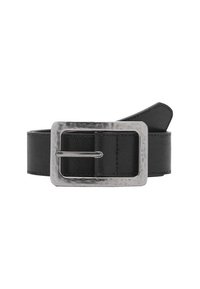 Zwarte leren riem met een brede, gestructureerde band en een rechthoekige zilveren metalen gesp met een pinbevestiging.
