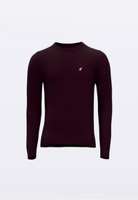 Bordeauxfarvet langærmet sweater lavet af blødt stof, med rund hals og en lille guldfarvet fuglelogo på brystet. Glat tekstur over det hele.