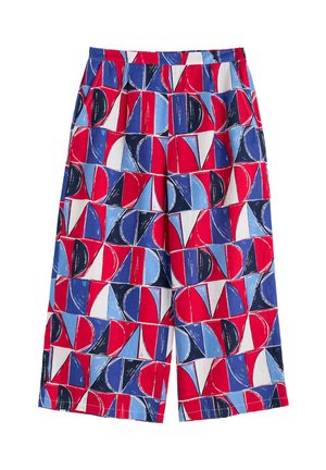 Røde, blå og hvide mønstrede bukser med abstrakte former. Lavet af stof med en blød, let tekstur. Elastisk talje, løs pasform.
