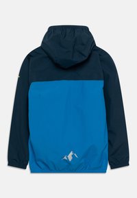 Blå och marinblå huvtröja med elastiska muddar, dragsko i huven och en logotyp på den nedre delen av ryggen. Lätt material med en jämn textur.