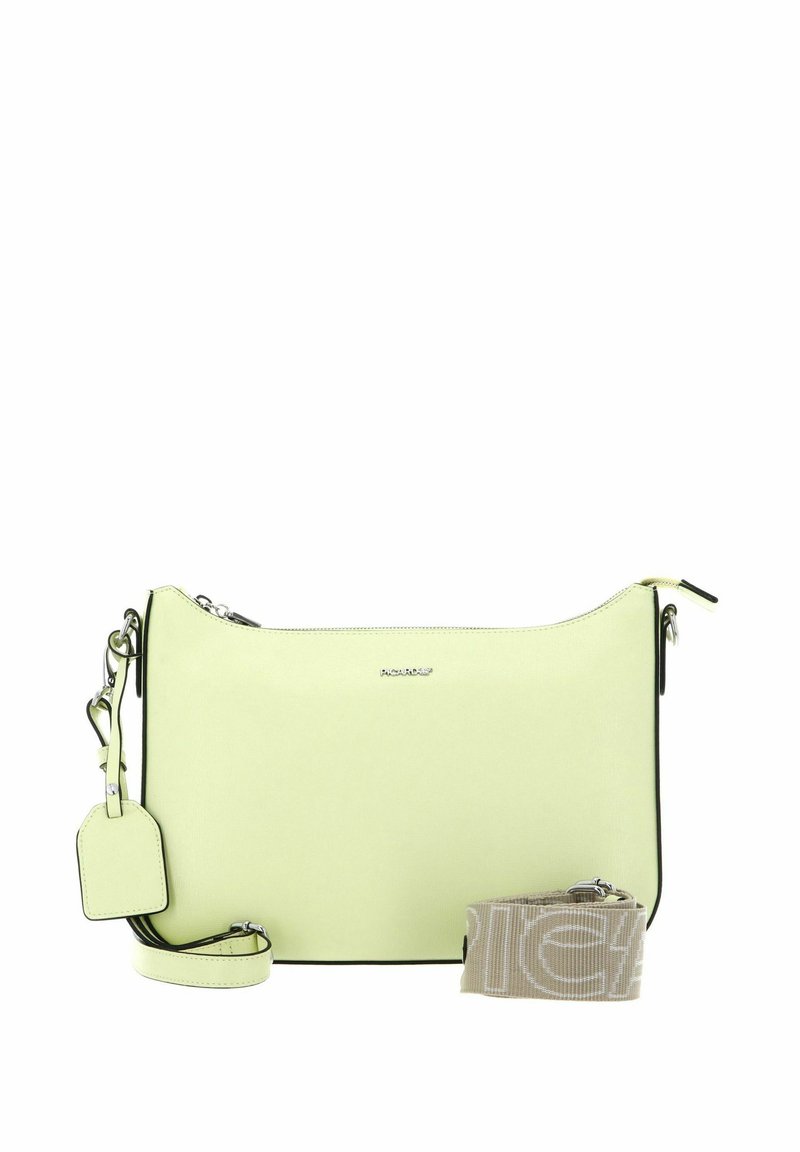 Borsa sintetica verde chiaro con una finitura liscia, dotata di bordo nero, accessori in argento e una tracolla a motivo staccabile.