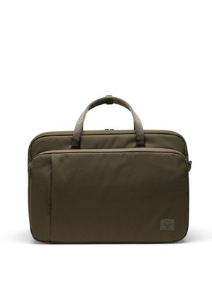 Olive green laptop bag with a structured shape, front zip pocket, dual top handles, and a logo patch on the bottom right corner.