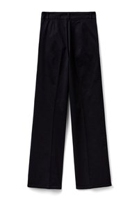 Black wide-leg pants with a smooth texture, featuring two front pleats, a flat waistband, and no visible hardware or embellishments.