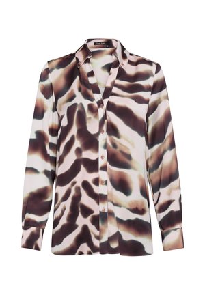 Long-sleeve shirt in lightweight, silky fabric featuring a brown and cream abstract pattern. Classic collar and button-up front with subtle sheen.