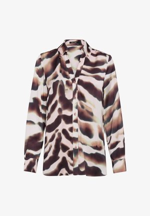 Langarmhemd aus leichtem, seidigem Stoff mit einem braun-cremfarbenen abstrakten Muster. Klassischer Kragen und Knopfleiste mit dezentem Glanz.