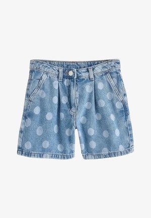 Lyseblå denimshorts med store hvide polkaprikker, forlommer, bæltestropper og knaplukning.