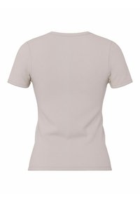 Kortærmet t-shirt med rund hals i lysebeige ribbet stof. Bagenden har en glat overflade uden yderligere detaljer.