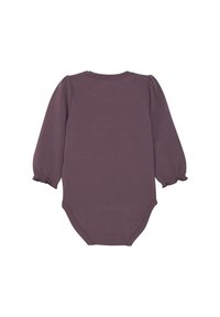 Långärmad baby bodysuit i djup mauve, tillverkad av mjukt tyg. Har rynkade ärmar och tryckknappar i botten.