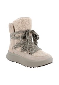 Sneaker alta beige con texture simile alla lana; presenta lacci grigi, dettagli in suede e una suola in gomma spessa. Cuciture e dettagli di branding distintivi.