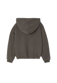 Kapuzensweatshirt in Dunkelgrau. Baumwollmischgewebe, cropped Design, gerippte Bündchen und Saum, glatte Textur, schlicht und sauber ohne Grafiken.