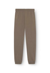 Bruine sweatpants met een elastische tailleband, taps toelopende enkels en een gladde, zachte textuur. Eenvoudig ontwerp zonder patronen of accenten.
