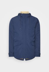 Marineblå hettejakke med glidelås og knappelukking, med fire utvendige lommer og et mykt gult fôr. Glatt tekstur og isolert design.
